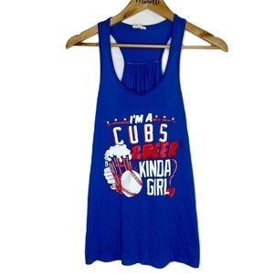 Chicago Cubs and Beer Baseball Navy Blue Racerback Tank Top Womens Small
